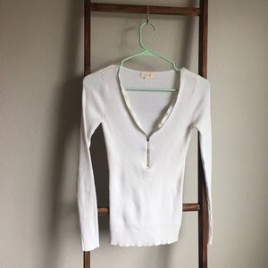 Zip front white ribbed sweater top